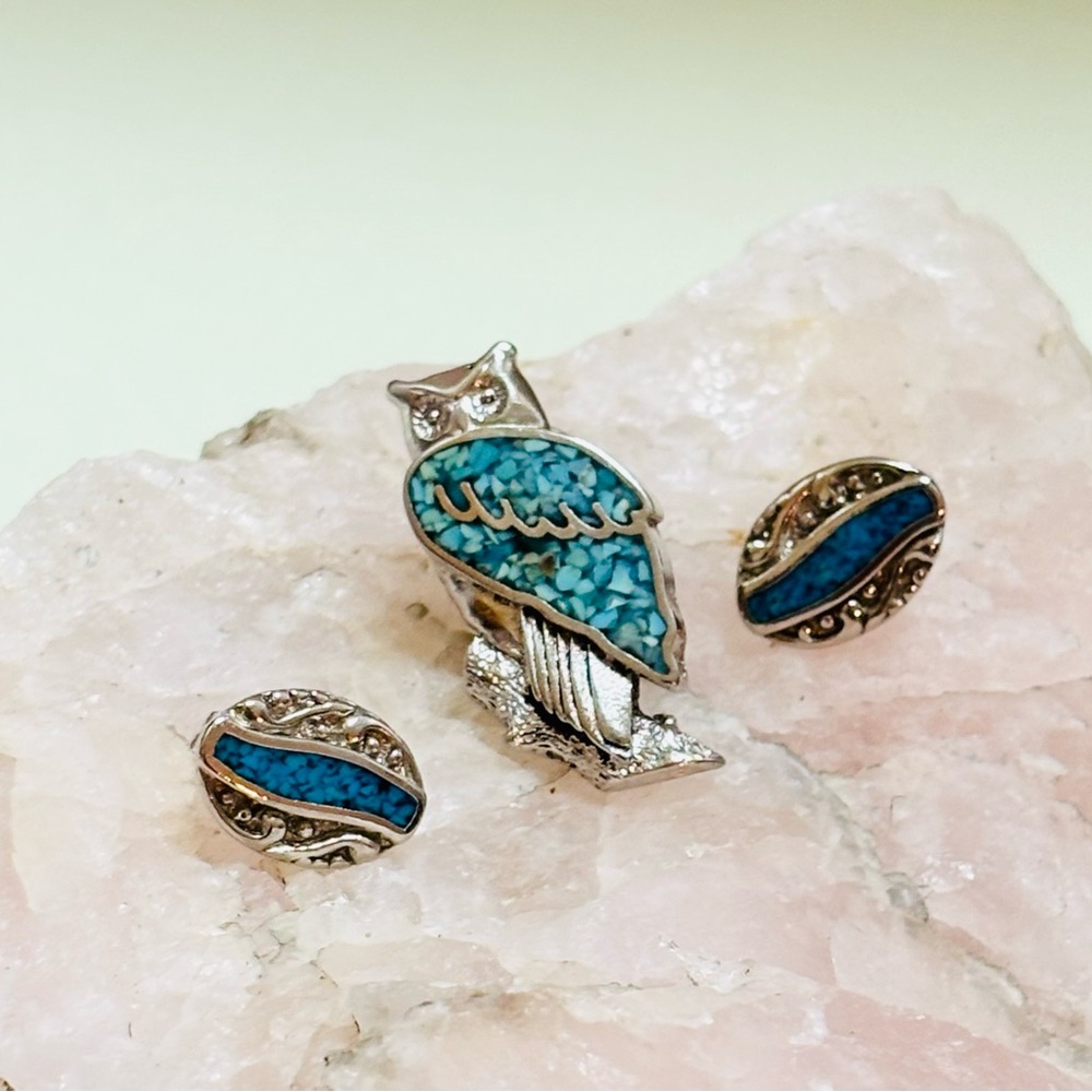 Crushed Turquoise Pierced Earrings and Owl Pin Silver Tone